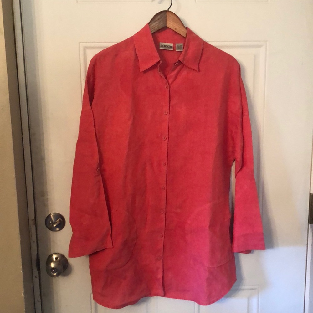 Chico’s 100% Linen Dark Coral Lagenlook Button Down Top